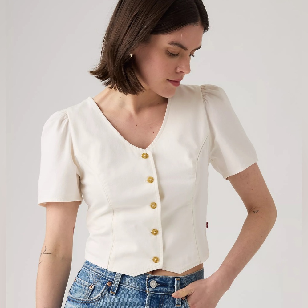 Levi's Cream Button-Front Puff Sleeve Top